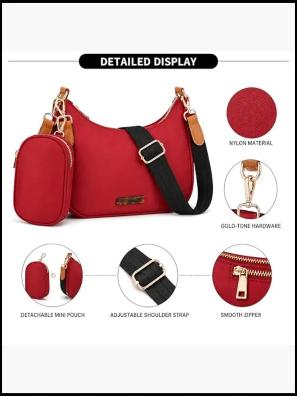 Crescent Hobo Crossbody Bag with Detachable Pouch & Two Straps